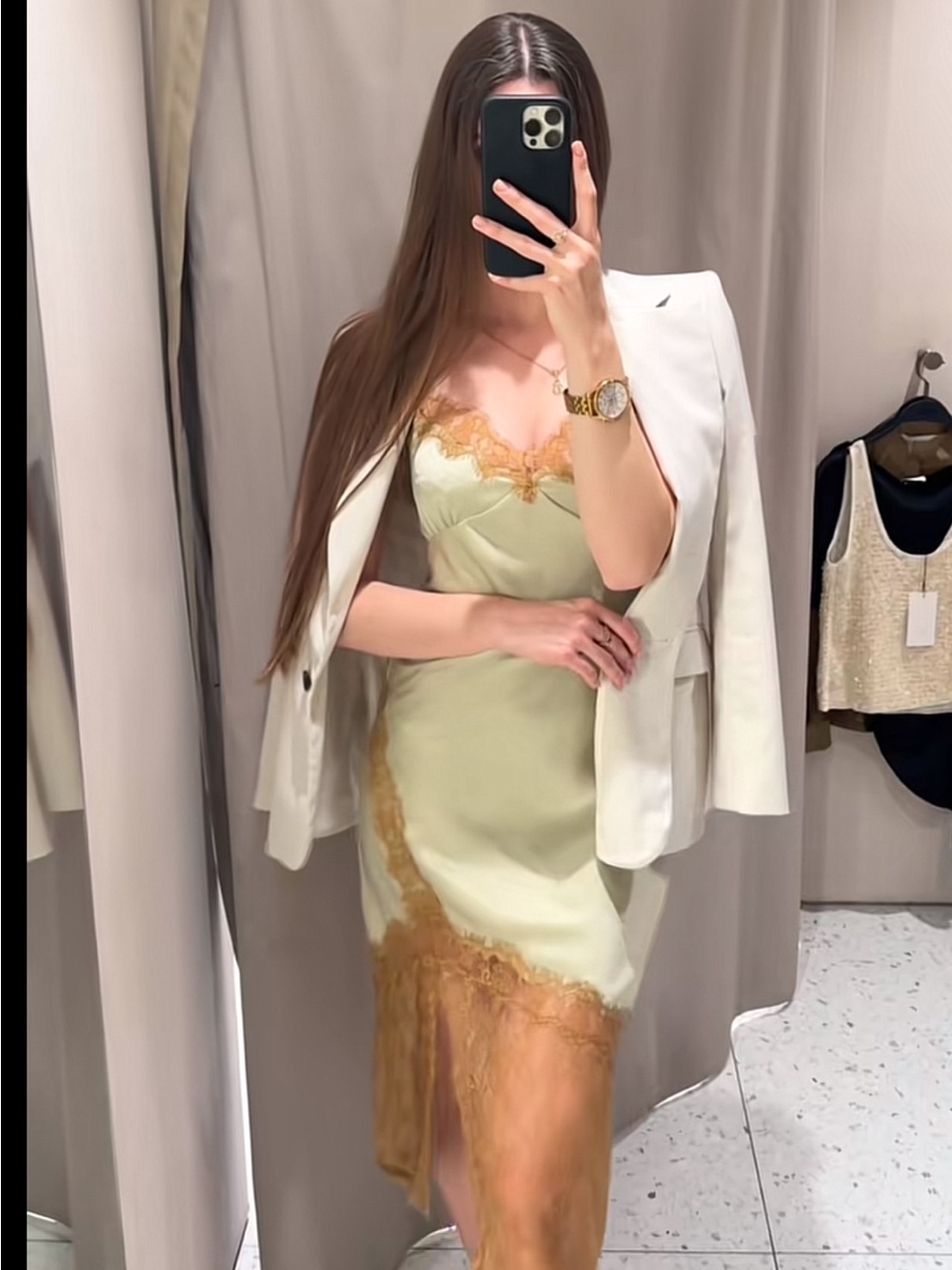 Zara Sage Green Slip Dress with Gold Lace Trim